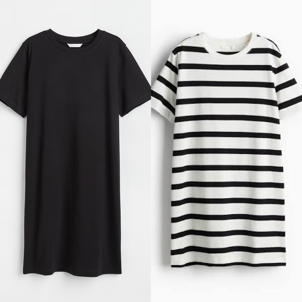 H&M Short Sleeve Mini Black Stripe T-shirt Tee Casual Crewneck Dress XS SET